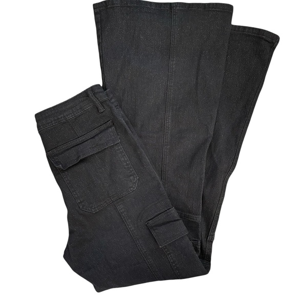 Forever 21 Juniors Black Glitter Cargo High Rise Flare Leg Jean 29X32” Stretch - Picture 3 of 8